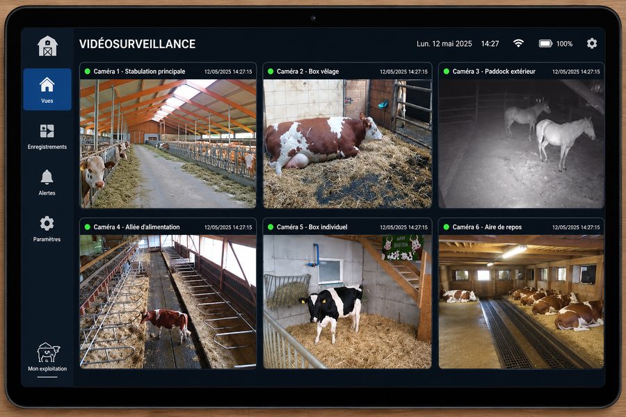 Application de vidéosurveillance sur tablette, vue de six caméras de l'exploitation